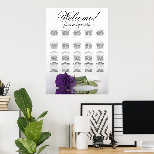 Elegant Royal Paars Roos 20 Table Seating Chart Poster (Thuiskantoor)