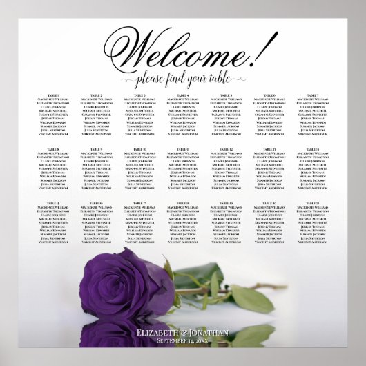Elegant Royal paars Roos 21 Tabel Seating Chart Poster (Voorkant)