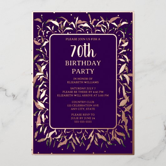 Elegant Royal Paarse 70e aangepaste verjaardagsfee Folie Uitnodiging (Voorkant)