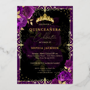 Elegant Royal Paarse gouden Roos Quinceanera Folie Uitnodiging
