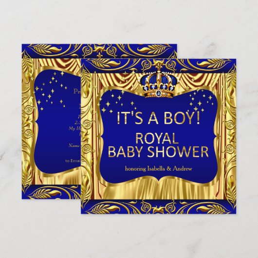 Elegant Royal Prince Baby shower Blue Gold Invite Kaart (Voorkant / Achterkant)