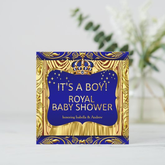 Elegant Royal Prince Baby shower Blue Gold Invite Kaart (Staand voorkant)