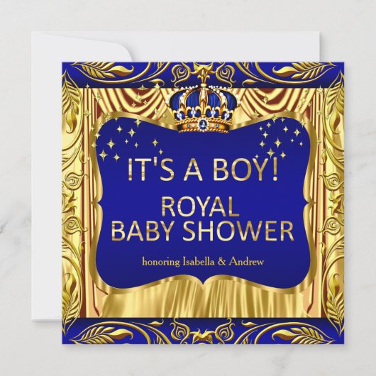 Elegant Royal Prince Baby shower Blue Gold Invite Kaart (Voorkant)