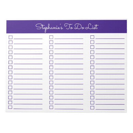 Elegant Royal Purple 8.5x11 Three Column Checklist Notitieblok (Voorkant)