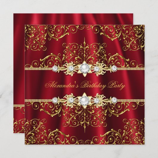 Elegant Royal Red & Gold Damask Birthday Party Kaart (Voorkant / Achterkant)