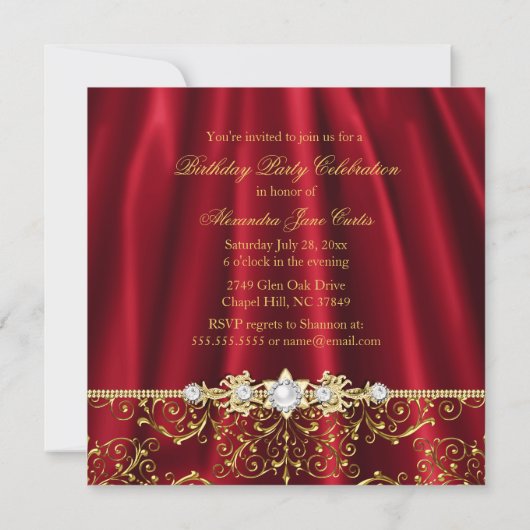 Elegant Royal Red & Gold Damask Birthday Party Kaart (Achterkant)