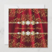 Elegant Royal Red & Gold Damask Birthday Party Kaart (Voorkant)