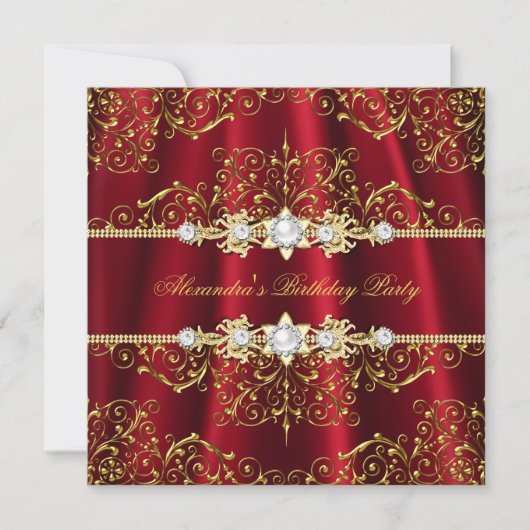 Elegant Royal Red & Gold Damask Birthday Party Kaart (Voorkant)