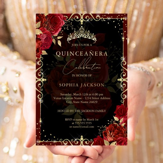 Elegant Royal Red Gold Roos Quinceanera Folie Uitnodiging