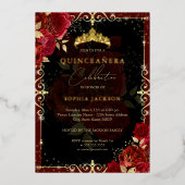 Elegant Royal Red Gold Roos Quinceanera Folie Uitnodiging (Voorkant)