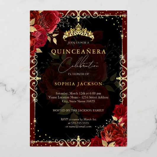 Elegant Royal Red Gold Roos Quinceanera Folie Uitnodiging (Voorkant)
