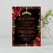 Elegant Royal Red Gold Roos Quinceanera Folie Uitnodiging (Staand Voorkant)