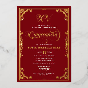 Elegant Royal Red Quinceañera Gold Foil Folie Uitnodiging