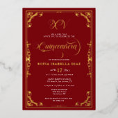 Elegant Royal Red Quinceañera Gold Foil Folie Uitnodiging (Voorkant)
