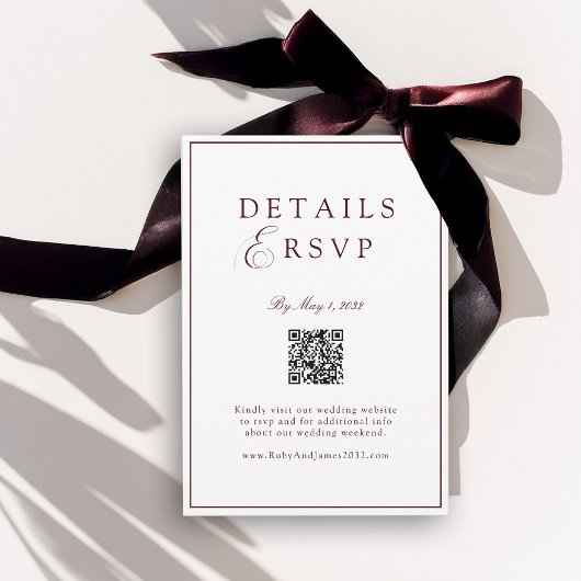 Elegant Royal White & Burgun QR Code Wedding RSVP Informatiekaartje
