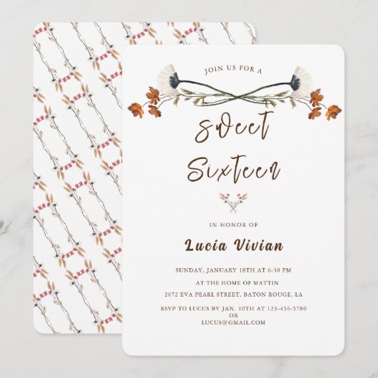 Elegant Royal Wildflower Sweet 16 Birthday Party Kaart (Voorkant / Achterkant)