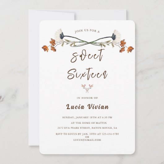 Elegant Royal Wildflower Sweet 16 Birthday Party Kaart (Voorkant)