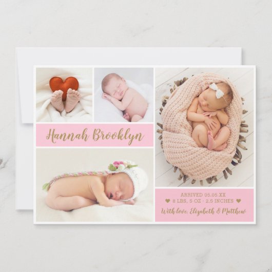 Elegant roze 4 Aankondiging van geboorte foto-coll (Voorkant)