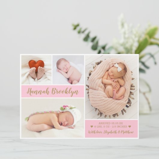 Elegant roze 4 Aankondiging van geboorte foto-coll (Staand voorkant)