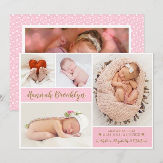 Elegant roze 4 Aankondiging van geboorte foto-coll (Voorkant / Achterkant)