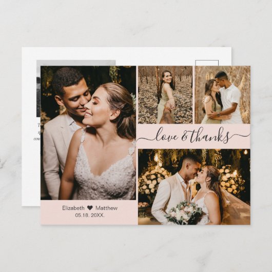 Elegant Roze 4 Foto Collage Weddenschap Hartelijk  Briefkaart (Voorkant / Achterkant)