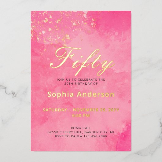 Elegant Roze 50ste verjaardag Folie Uitnodiging (Voorkant)