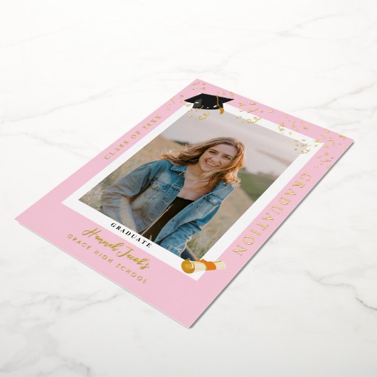 Elegant Roze Afstuderen foto bekendmaking Folie Uitnodiging (Gedraaid)