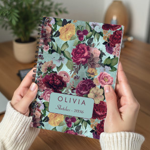 Elegant Roze Aqua Bloemmotief Monogram Notitieboek