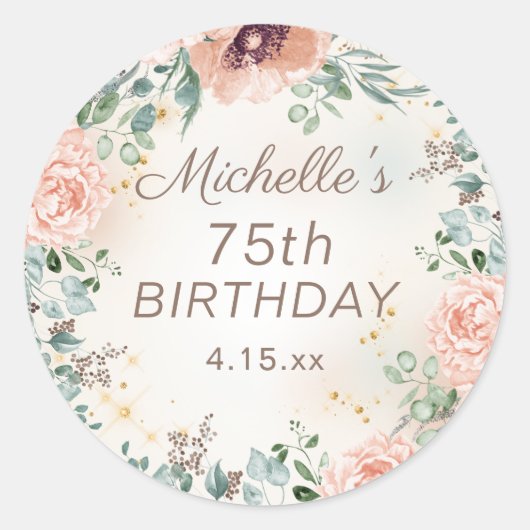 Elegant Roze Aquarel Bloemige 75e Verjaardag Ronde Sticker (Voorkant)