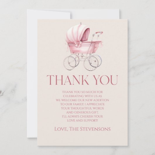 Elegant Roze  Baby Carriage Baby shower Bedankkaart (Voorkant)