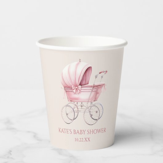 Elegant Roze  Baby Carriage Baby shower Papieren Bekers (Achterkant)