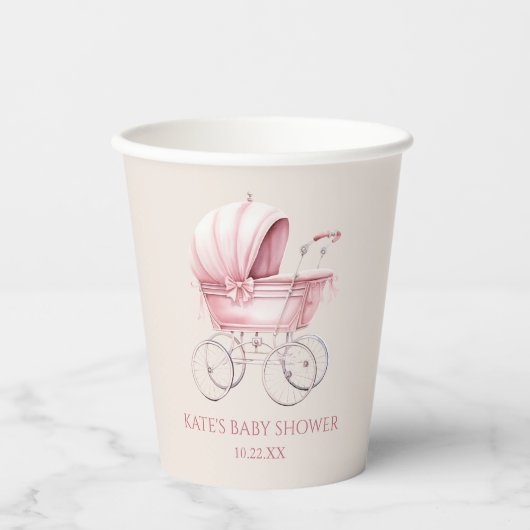 Elegant Roze  Baby Carriage Baby shower Papieren Bekers (Voorkant)