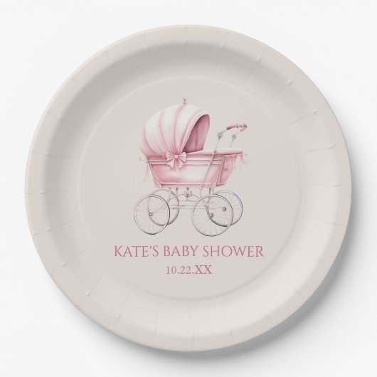 Elegant Roze Baby Carriage Baby shower Papieren Bordje (Voorkant)