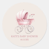 Elegant Roze Baby Carriage Baby shower Ronde Sticker (Voorkant)
