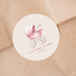 Elegant Roze Baby Carriage Baby shower Ronde Sticker
