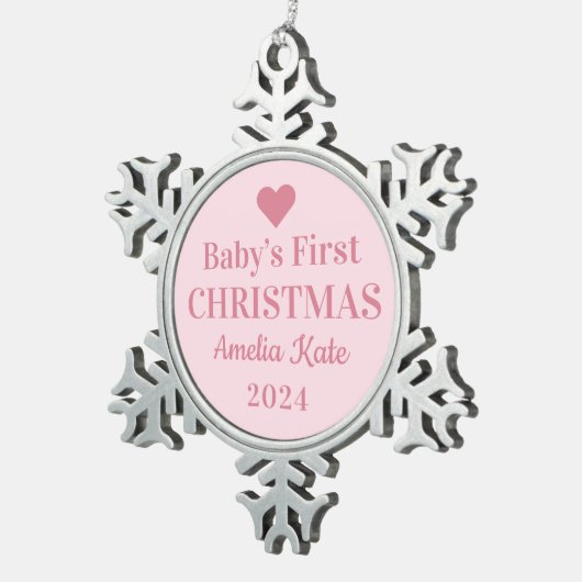 Elegant Roze Baby Girl Eerste Kerstmis Tin Sneeuwvlok Ornament (Rechts)