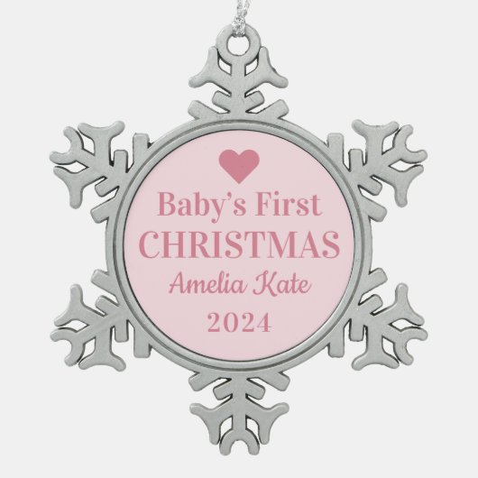 Elegant Roze Baby Girl Eerste Kerstmis Tin Sneeuwvlok Ornament (Voorkant)