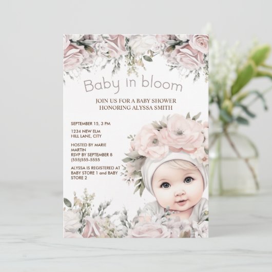 Elegant Roze Baby in Bloom Meisje Baby shower Kaart (Staand voorkant)