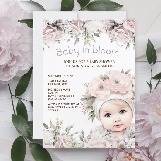 Elegant Roze Baby in Bloom Meisje Baby shower Kaart