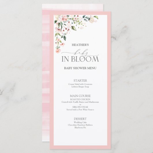 Elegant roze Baby in het Baby shower van het Meisj Menu (Voorkant / Achterkant)