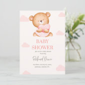 Elegant roze baby meisje douche uitnodiging beer (Staand voorkant)