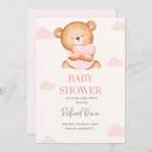 Elegant roze baby meisje douche uitnodiging beer (Voorkant / Achterkant)