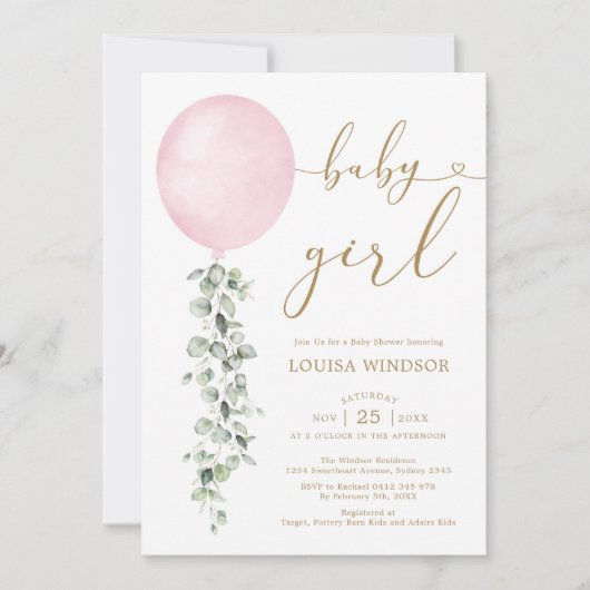 Elegant roze ballon Eucalyptus Girl Baby shower Kaart (Voorkant)