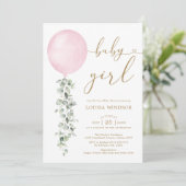 Elegant roze ballon Eucalyptus Girl Baby shower Kaart (Staand voorkant)