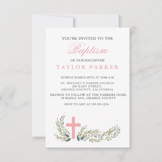 Elegant Roze Baptism/Christening Uitnodiging (Voorkant)