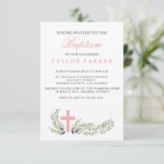 Elegant Roze Baptism/Christening Uitnodiging (Staand voorkant)