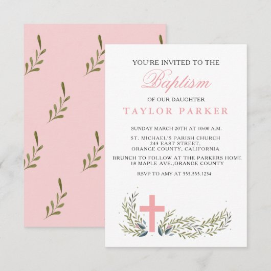 Elegant Roze Baptism/Christening Uitnodiging (Voorkant / Achterkant)