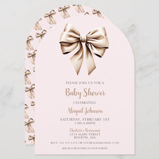 Elegant Roze Beige Coquette Bow Baby shower Kaart