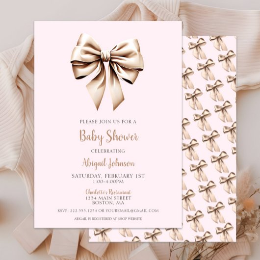 Elegant Roze Beige Coquette Bow Baby shower Kaart