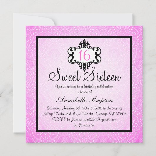 Elegant roze & Black Chic Damask Sweet 16 Invite Kaart (Voorkant)